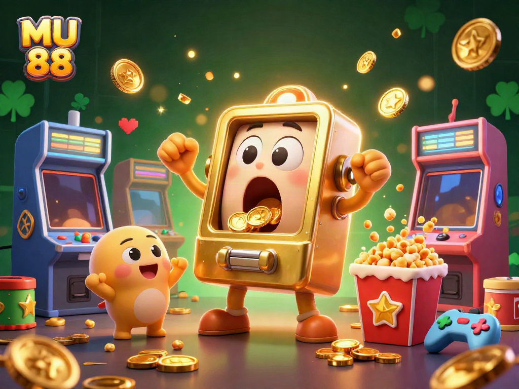 Experience the excitement of MU 88 with a jackpot-winning golden slot machine amid colorful gaming elements.