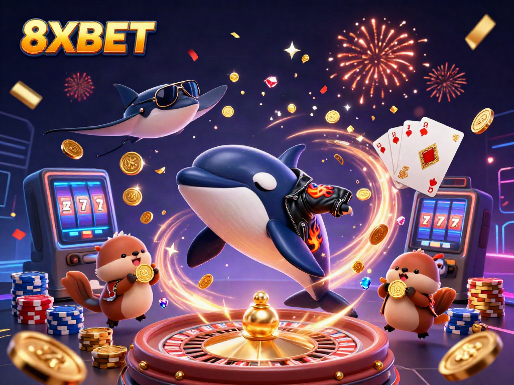 Engage with 8XBET's vibrant casino world, showcasing an orca, stingray, and otters amidst coins and cards.