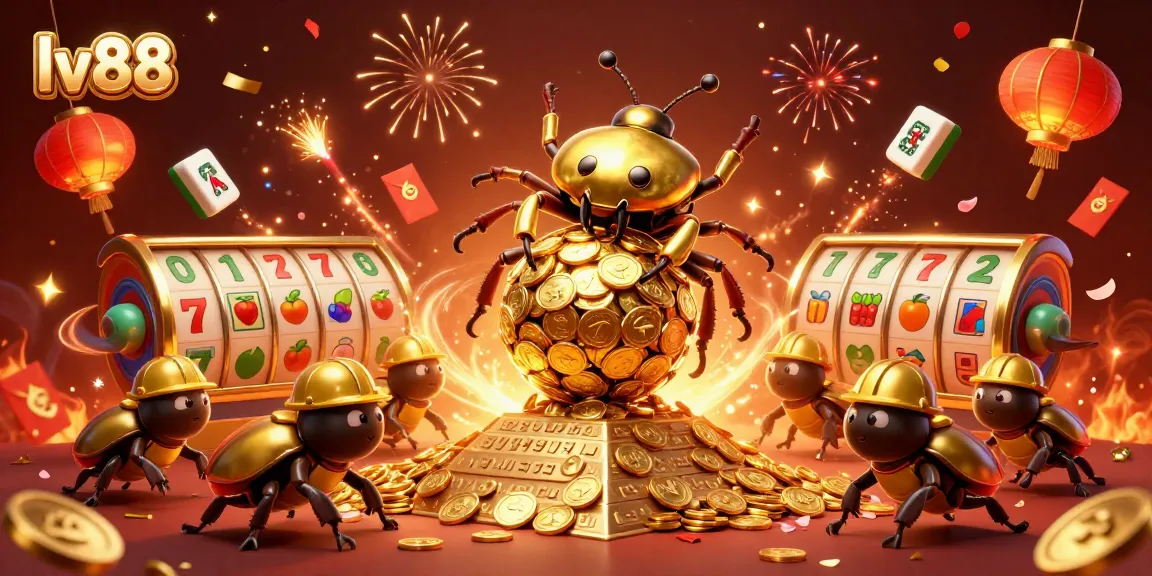 Experience the excitement of winning at lv88 with a vibrant casino-themed illustration of golden beetles and slots.