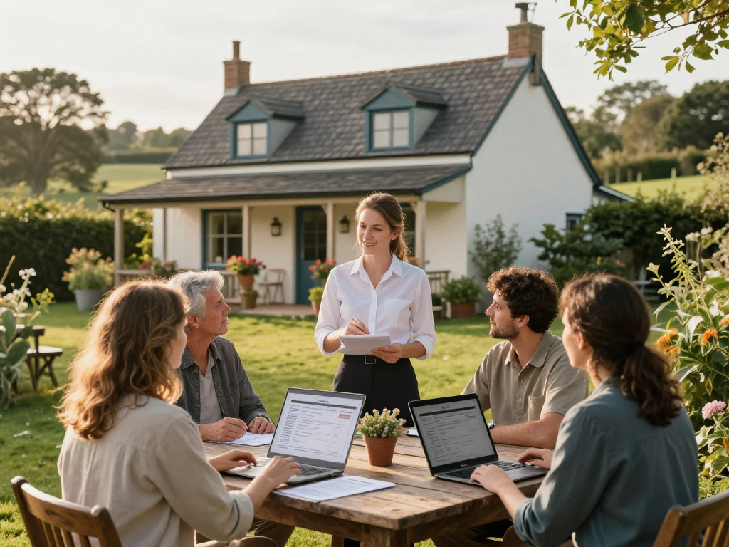 Team discussing holiday let management strategies at a cottage in serene countryside.