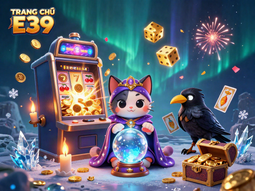 Experience the thrill of the casino with TRANG CHỦ E39 featuring a fortune teller cat and a raven.
