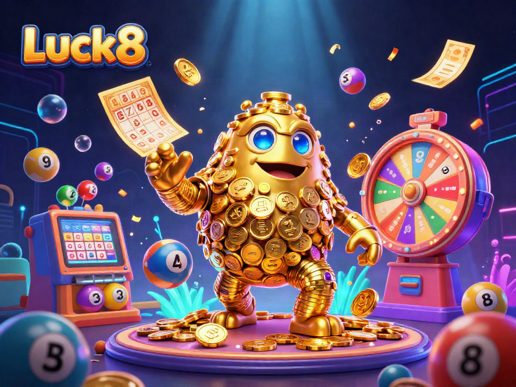 Experience the thrill of winning at Luck8 with an ancient golden golem surrounded by vibrant lottery elements.