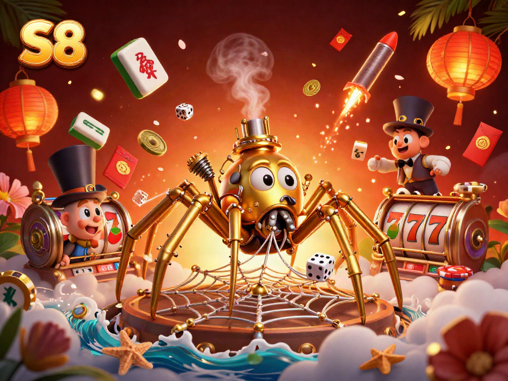 Spin your luck with S8 in this vibrant casino-themed illustration, showcasing rich elements and excitement.