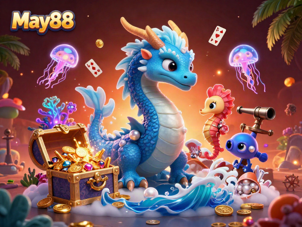 May88 captivates with an azure water dragon and seahorse knight in a vibrant underwater casino