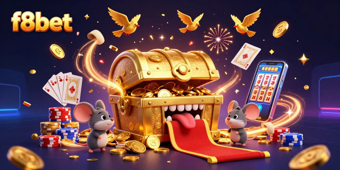 Join the excitement of f8bet with this vibrant casino-themed illustration featuring treasure and riches.