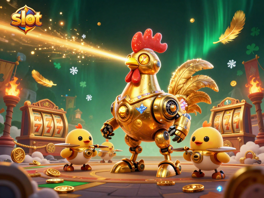 Engage in thrilling slot experiences with a golden rooster robot and vivid casino elements.