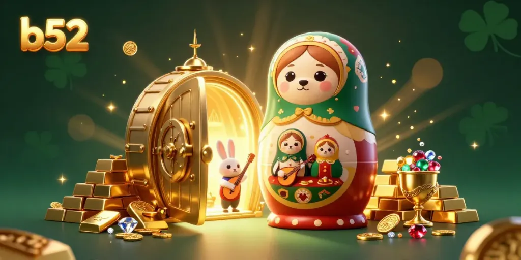Experience thrilling gameplay at b52 with vibrant casino characters in a rich golden treasure scene.