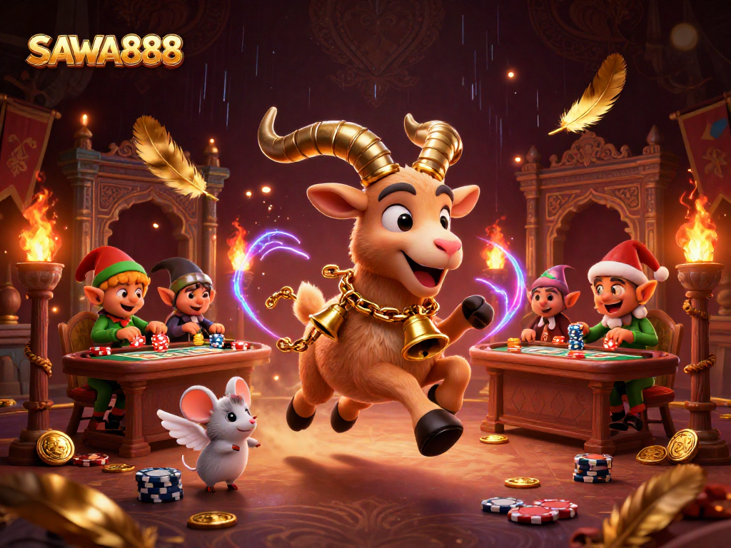 Experience the thrill of SAWA888 with a festive 3D illustration blending casino excitement and holiday charm.