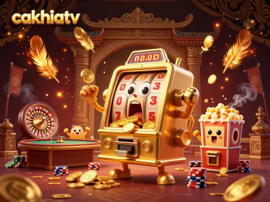 Cakhiatv showcases a vibrant 3D scene with a golden slot machine celebrating a jackpot amidst casino elements.