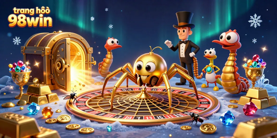Engaging scene highlighting the thrilling activities of trang chủ 98win with a golden spider, centipede croupier, and vibrant casino elements.