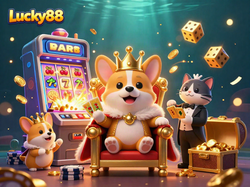 Experience the excitement of Lucky88 with a vibrant 3D scene featuring jackpot symbols, corgis, and dynamic casino elements.