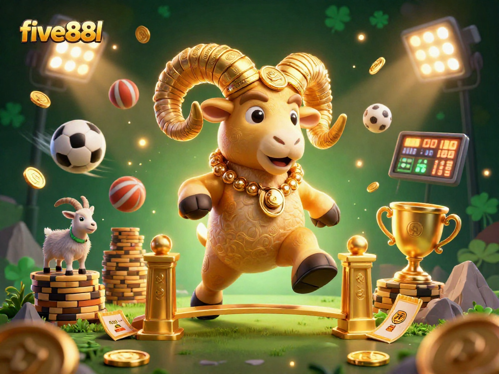 Explore five88l's exciting world of gambling with dynamic sports elements and a charging golden ram.