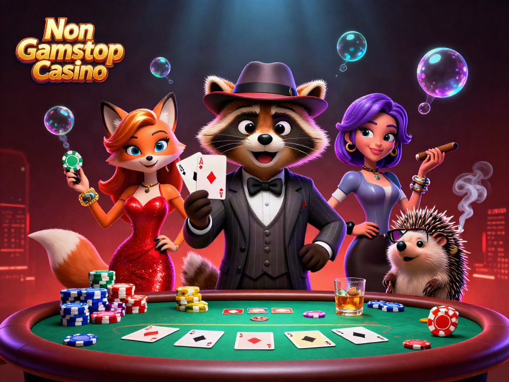 Experience the thrill of Non Gamstop Casino with a suave raccoon, glamorous fox lady, and hedgehog bouncer at a poker table.
