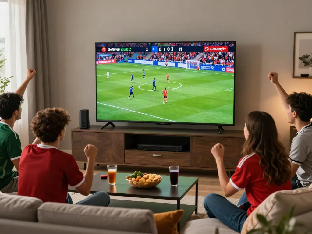 Friends watching a live football match on Gavangtv in a cozy living room.
