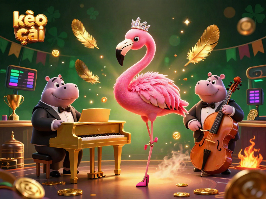 Engage with kèo nhà cái in this vibrant casino scene featuring a flamingo singer, a hippo bassist, and rich betting elements.