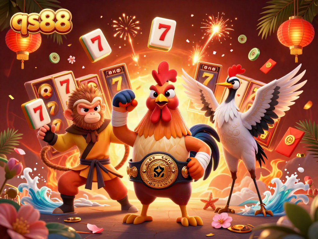 Engaging qs88 scene with a Muay Thai rooster, Shaolin monkey, and crane master, surrounded by dazzling casino elements.