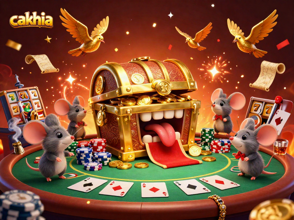 Experience the thrill of cakhia with a vibrant scene of treasure, slots, and poker excitement.