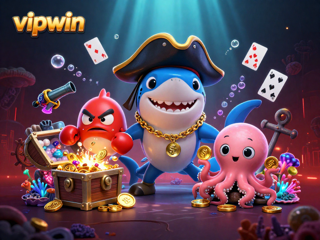 Experience the thrill of vipwin as the playful octopus showcases gold coins in this vibrant casino illustration.