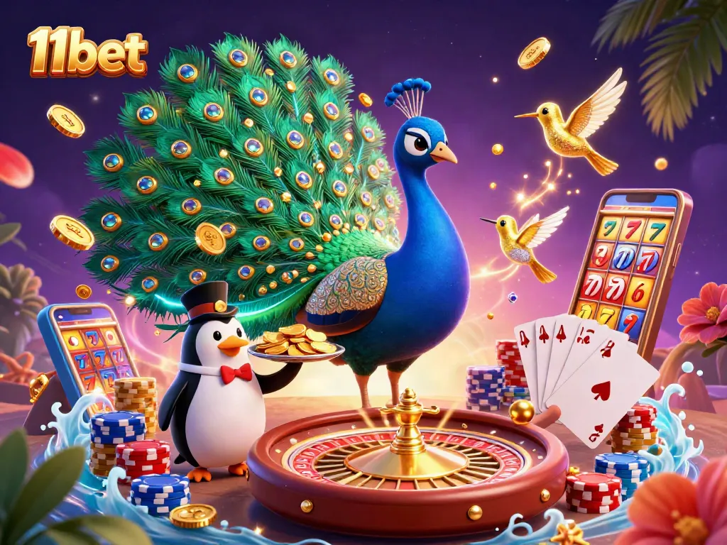 Engage with 11bet at a vibrant casino scene showcasing a peacock, penguin butler, and hummingbird amidst golden coins and gaming elements.