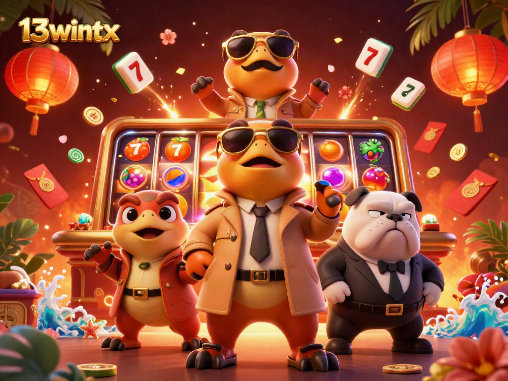 Engage with 13wintx in a vibrant casino scene featuring raptors and a bulldog bouncer.