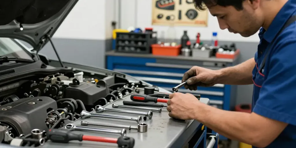 Mechanic using hazet tools in an organized automotive workshop setting.