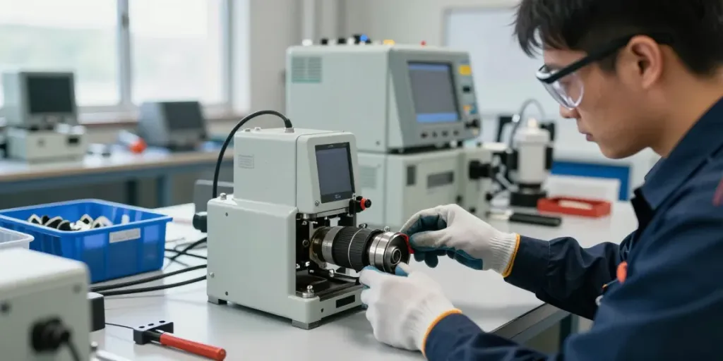 Technician adjusting a mechanical vacuum switch in an industrial workshop