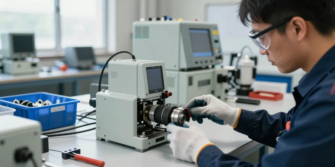 Technician adjusting a mechanical vacuum switch in an industrial workshop
