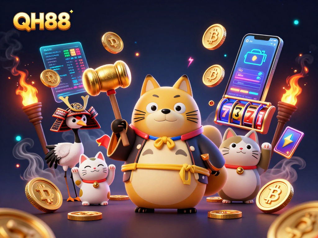 Engage with QH88's vibrant casino scene featuring lively characters and crypto elements.