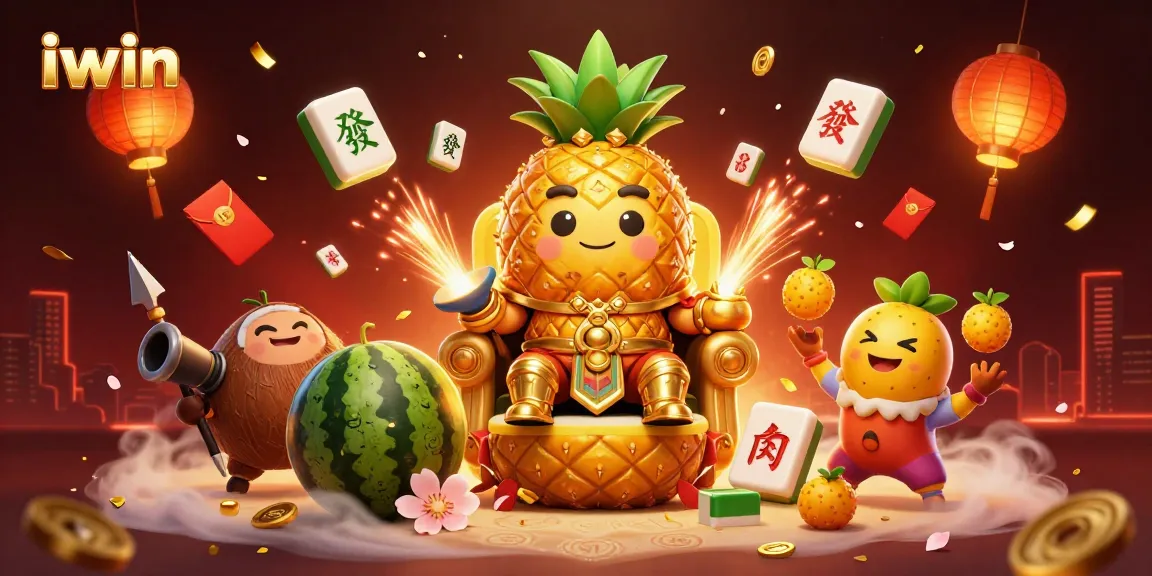 Join the excitement of iwin at a tropical casino with a golden pineapple king and vibrant game elements.