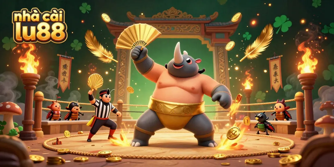 Engage with the nhà cái lu88 dynamic gaming action in this vivid 3D illustration showcasing a rhinoceros beetle champion surrounded by gold.
