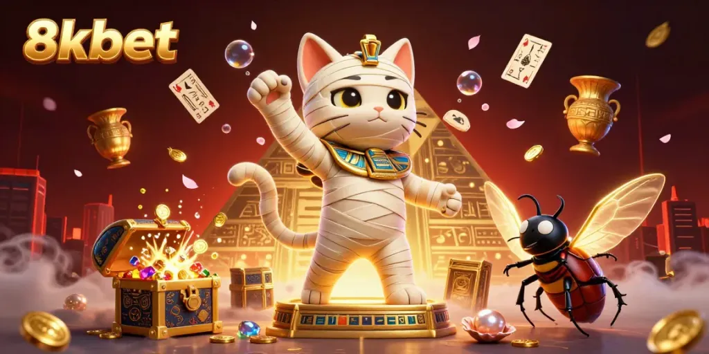 Experience the thrilling world of 8xbet with a vibrant illustration featuring a cartoon mummy cat and golden sarcophagus.