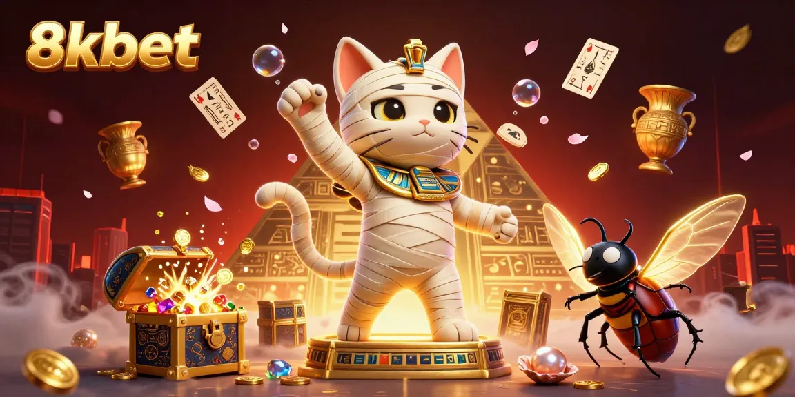 Experience the thrilling world of 8xbet with a vibrant illustration featuring a cartoon mummy cat and golden sarcophagus.