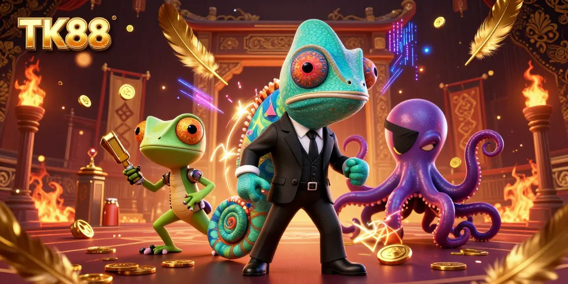 Engage in the vibrant world of TK88 casino with adventure-filled characters and glowing elements.