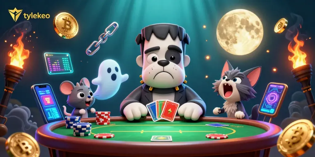 Engage in lively betting action at tylekeo with Frankenstein bulldog and ghost mouse in a vibrant casino scene.