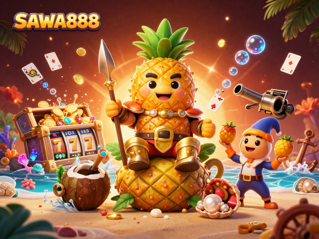 SAWA888 showcases a vibrant beach casino scene, featuring animated characters engaging in slot games and surrounded by gold coins and festive elements.