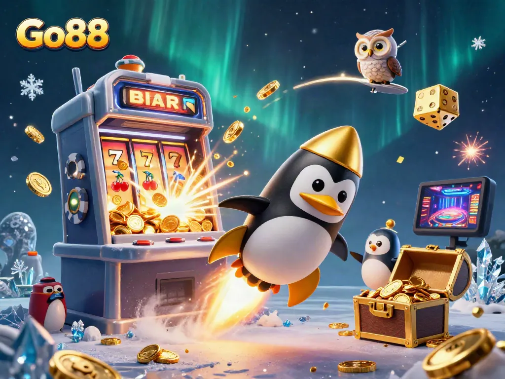 Experience casino excitement with Go88 as a golden penguin navigates a vibrant space filled with coins and casino elements.