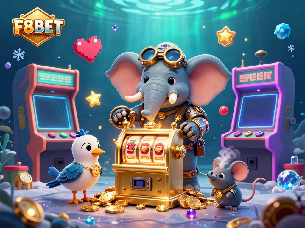 Engage with F8BET's thrilling slot machines in a vibrant steampunk casino scene.