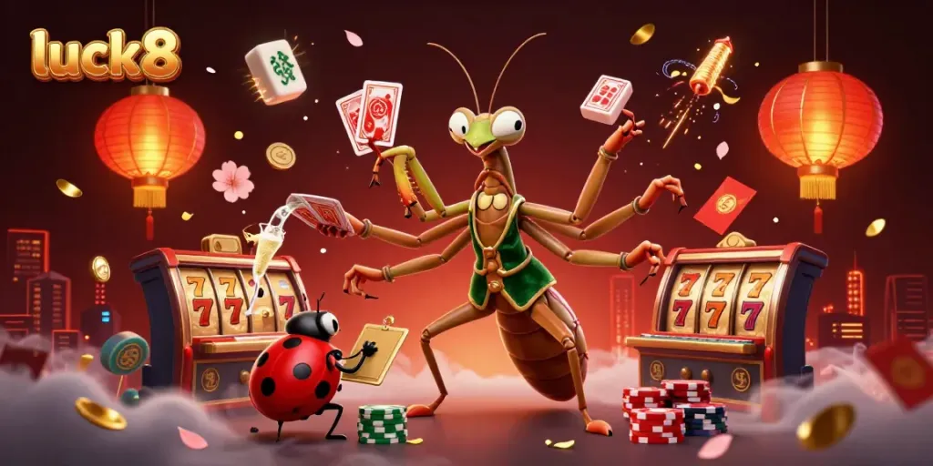 Experience excitement with luck8 as the 3D mantis card sharp deals winning cards and chips.