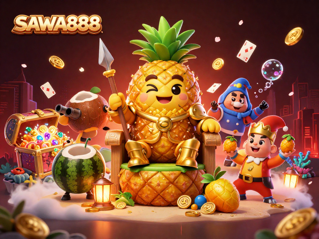 Experience SAWA888's vibrant casino scene with golden pineapple king, coconut guards, and dynamic game elements.
