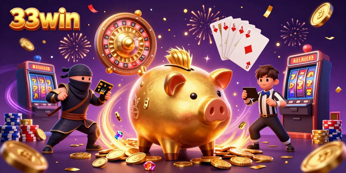 Experience the thrill of gambling with 33win's vibrant casino scene featuring iconic characters and games.