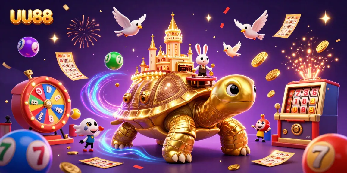 UU88 casino-themed illustration featuring a golden tortoise with a casino palace, colorful lottery balls, and dynamic game elements.
