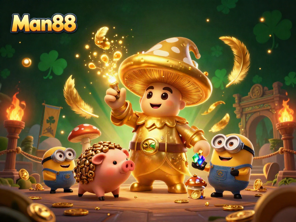 Man88 features an enchanting golden mushroom wizard, captivating bettors in a vibrant online casino scene.