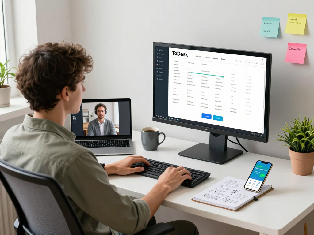 Remote collaboration with ToDesk software in an efficient home workspace.