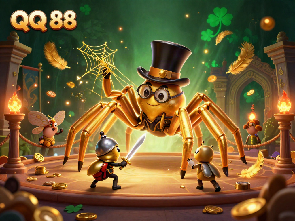 Join the dynamic action at QQ 88 with a brave beetle knight and a golden tarantula in a spectacular casino scene.