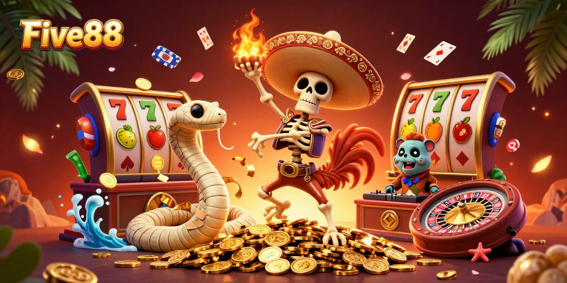 Five88 offers exciting slots and games featuring festive characters dancing on golden coins.