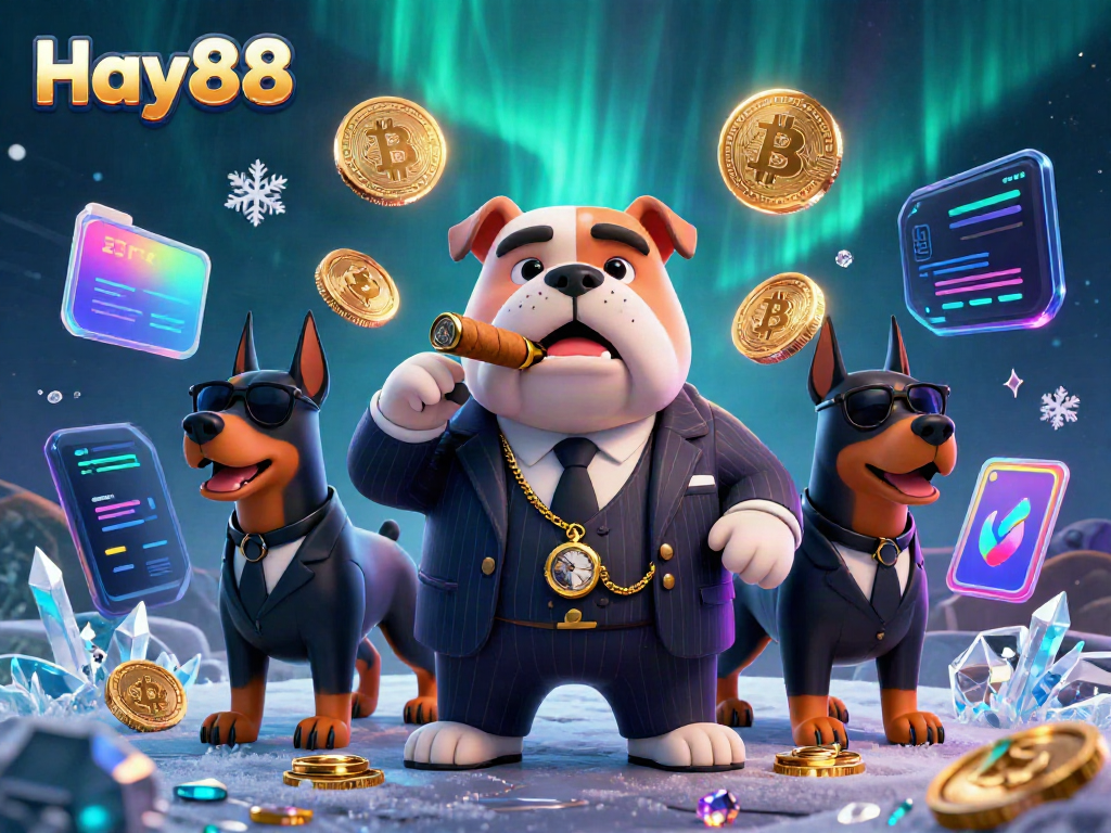 Experience the excitement of Hay88 with a vibrant scene showcasing a mafia boss bulldog amidst glowing crypto elements.