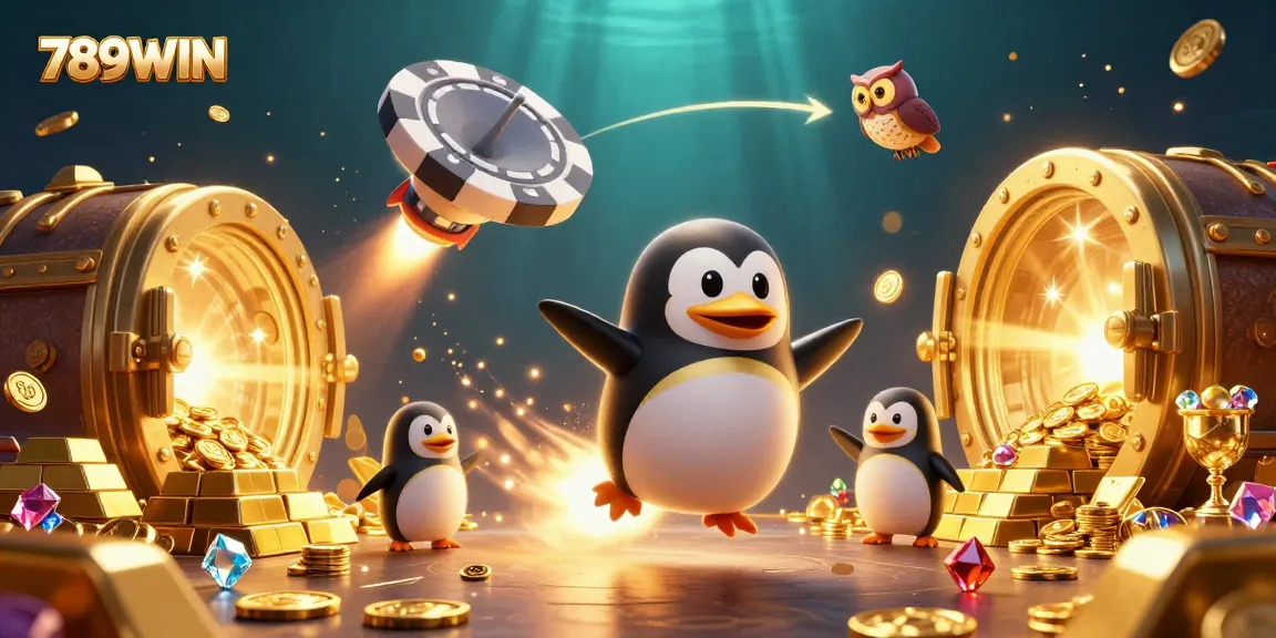 Experience the excitement of 789WIN casino with treasures and vibrant gaming elements in a 3D illustration.