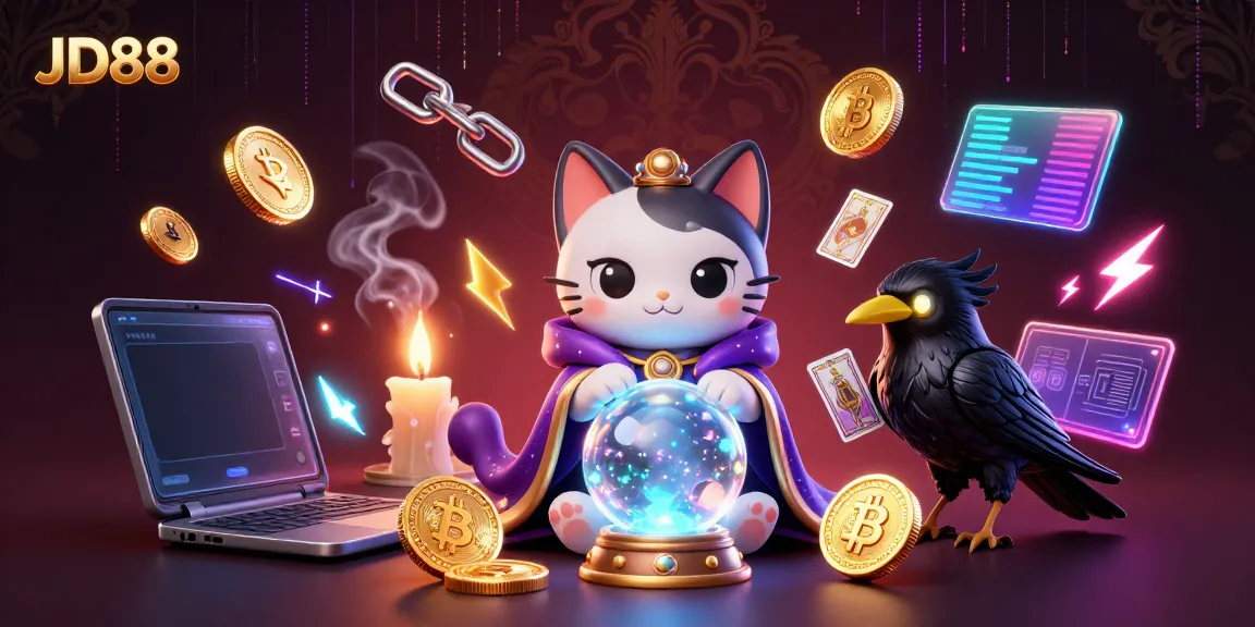 Experience thrilling games at JD88 with a mystical cat and raven amid vibrant crypto elements.
