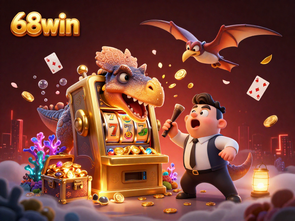 Catch golden coins with 68win's animated slots and dinosaur characters in a dynamic casino scene.