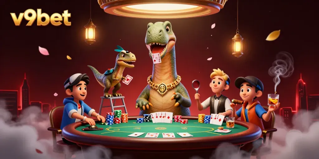 Engaging V9BET casino scene with a dinosaur dealer and dynamic poker action